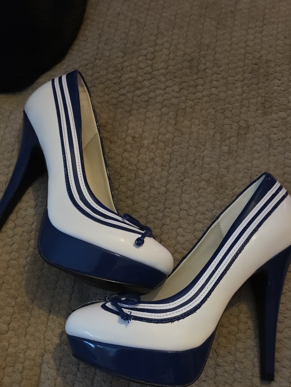 White and Navy Platform High Heel Pumps - Women's